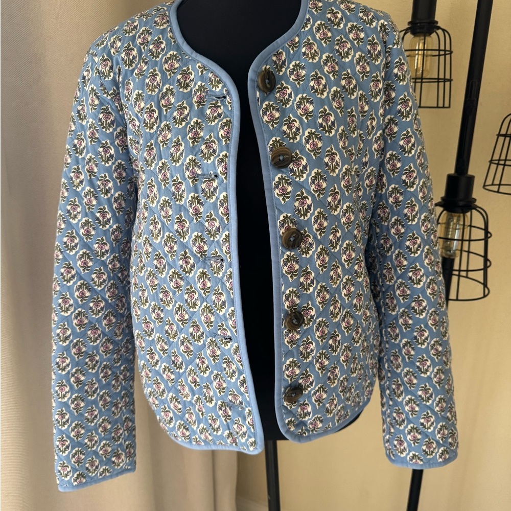 J.Crew Quilted Floral Jacket Blue Block Print Button Front Size 6 - Picture 3 of 12